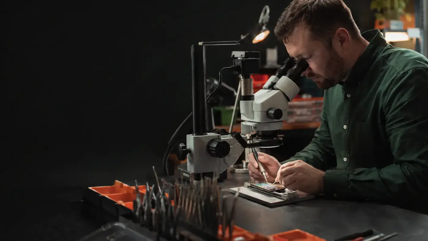 Experienced electronics technician microsoldering a smartphone in a professional workshop