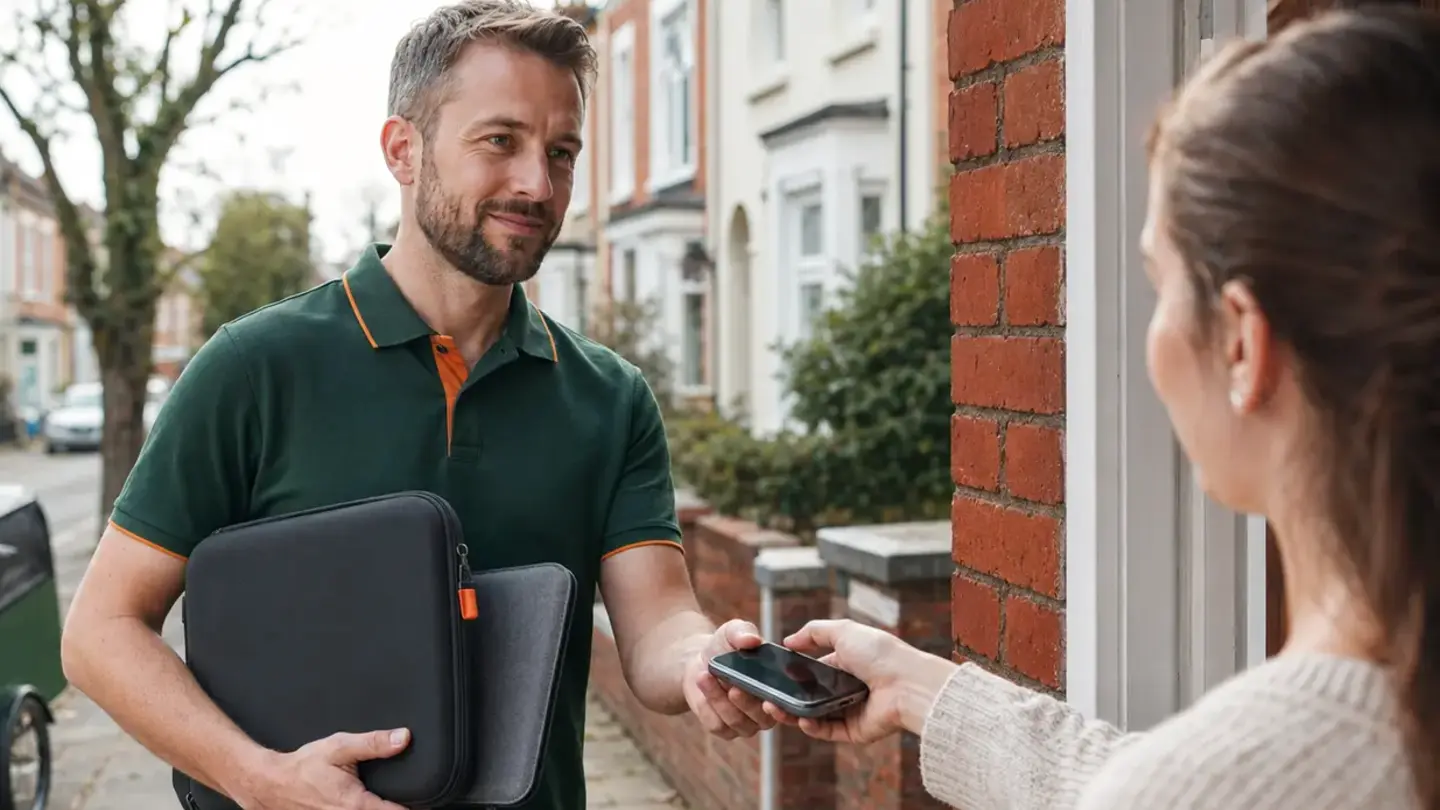 Local technician collecting a phone and laptop for repair in Ashton, Bristol