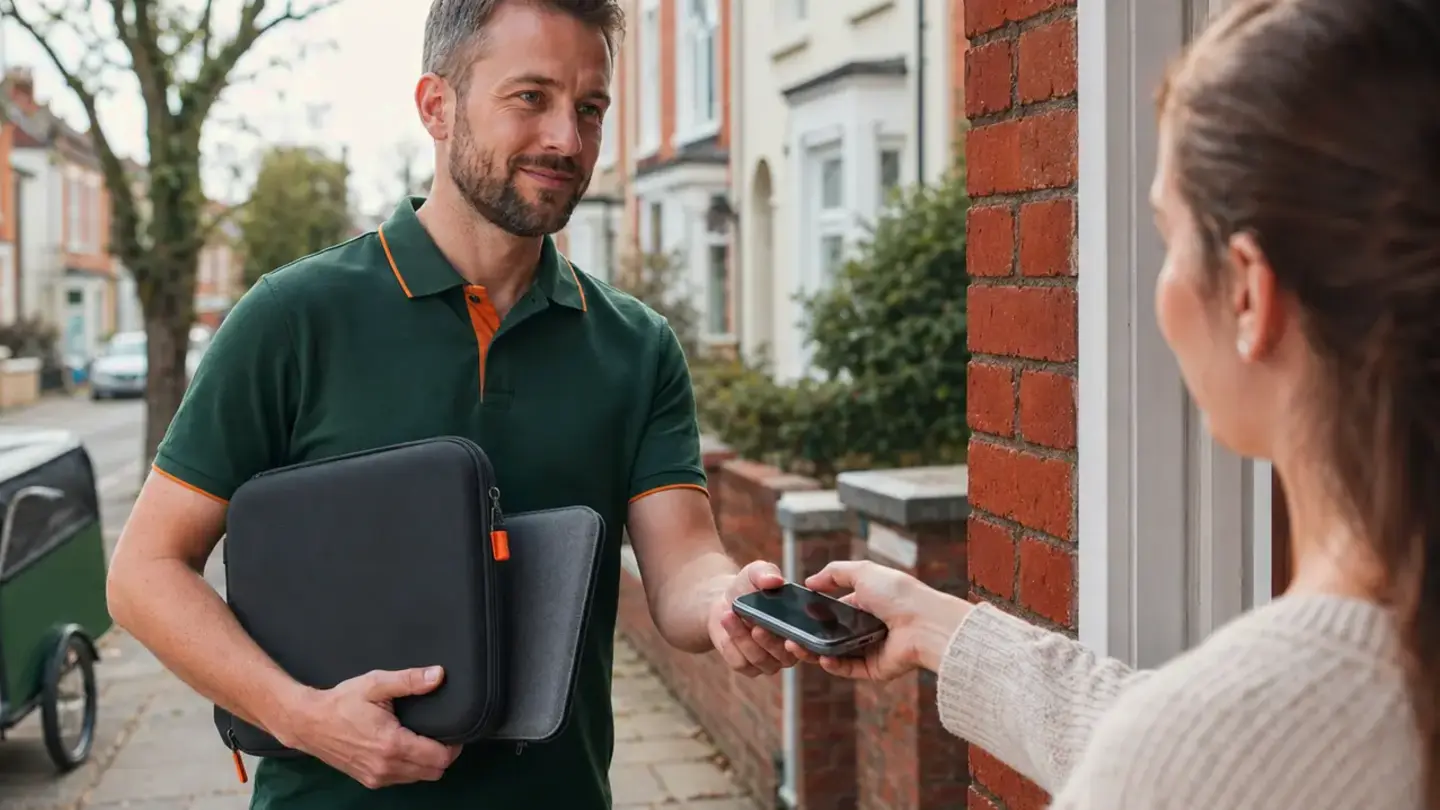 Local technician collecting a phone and laptop for repair in Brislington, Bristol