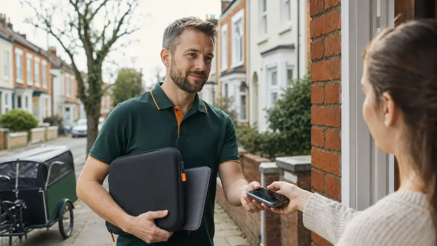 Local technician collecting a phone and laptop for repair in Bristol City Centre, Bristol