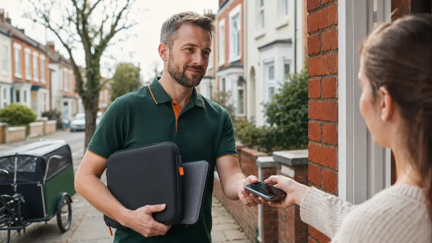Local technician collecting a phone and laptop for repair in Clifton, Bristol