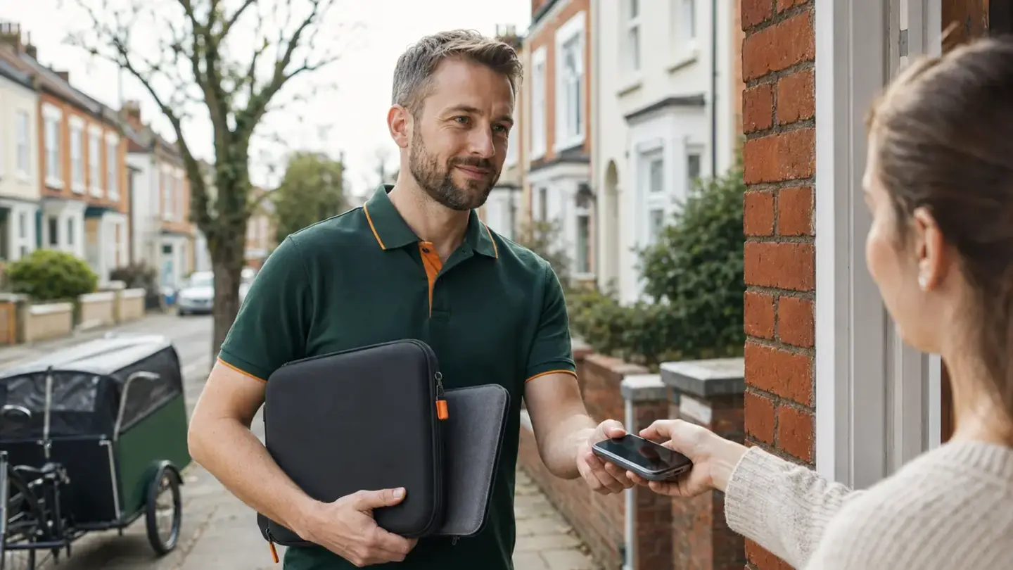 Local technician collecting a phone and laptop for repair in Cotham, Bristol