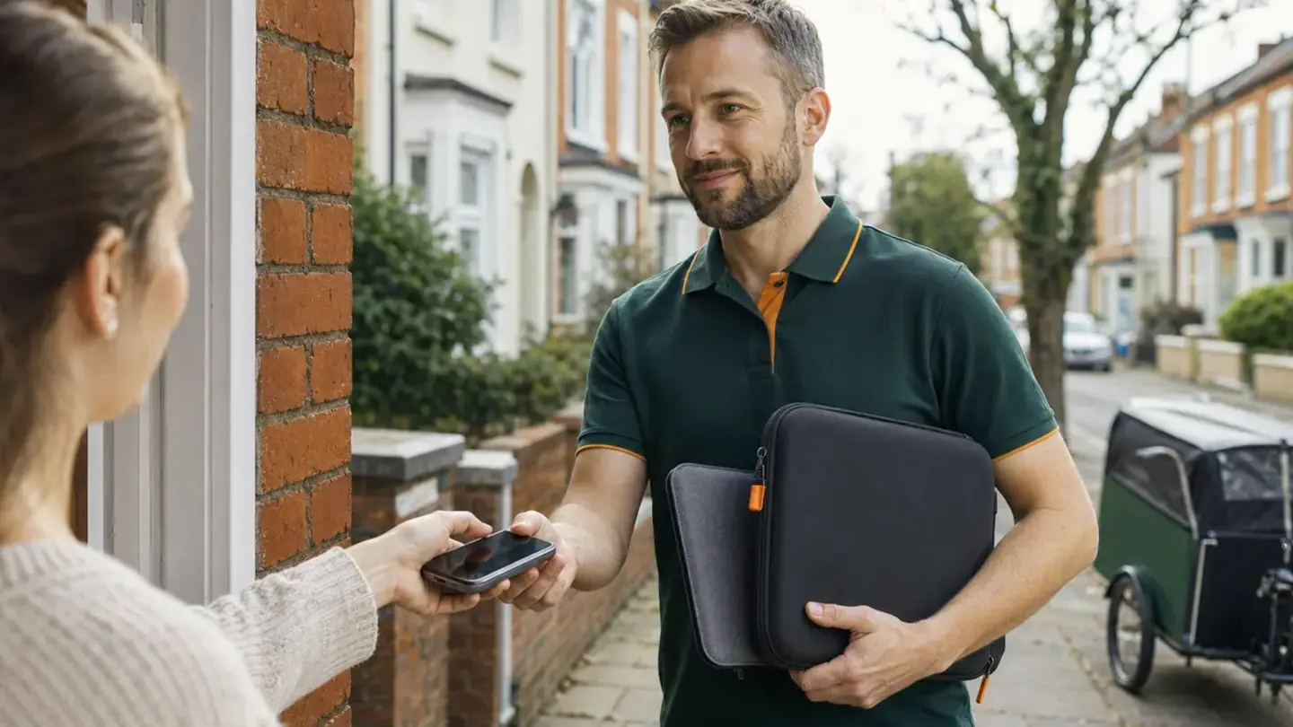 Local technician collecting a phone and laptop for repair in Easton, Bristol