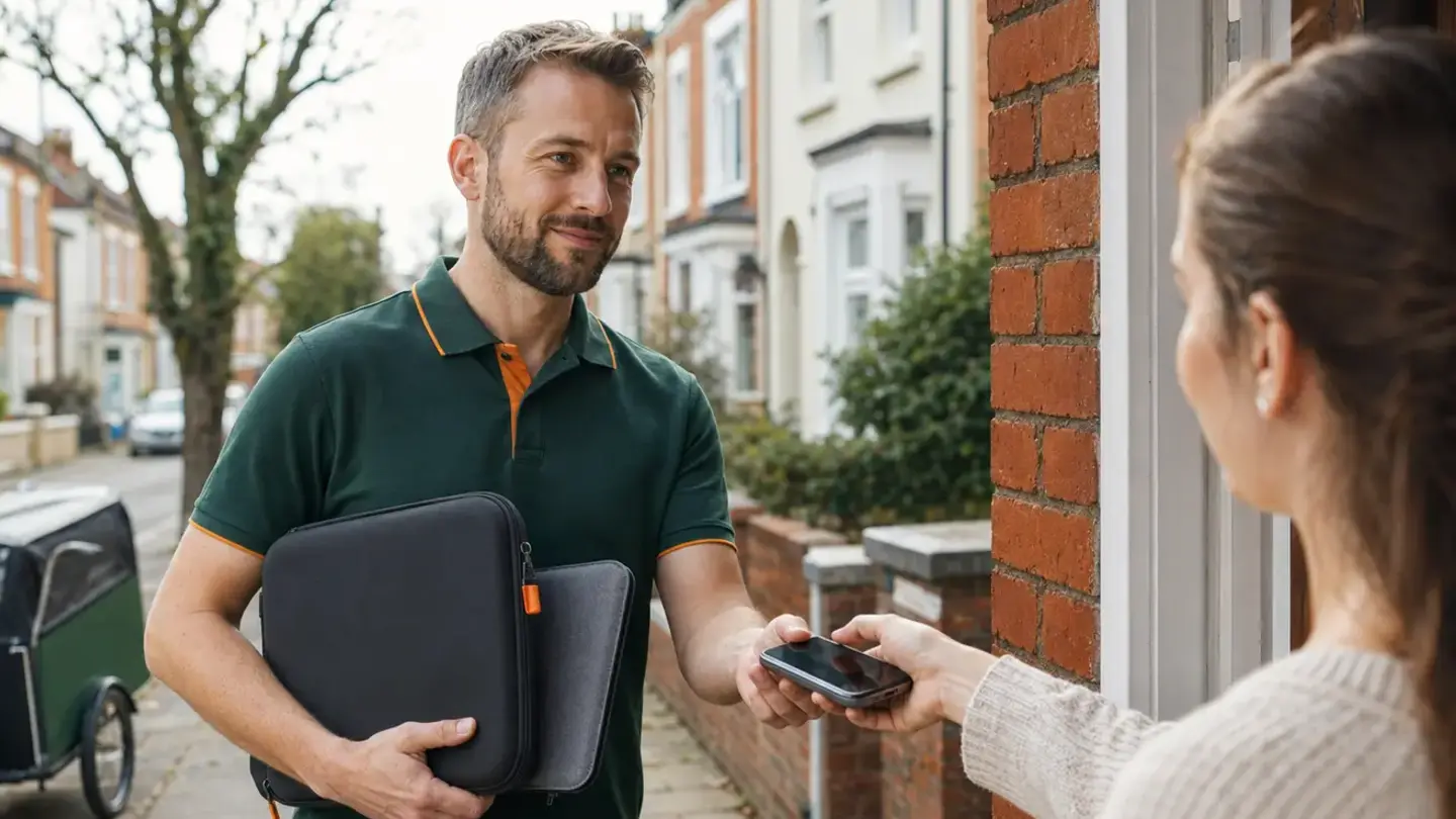 Local technician collecting a phone and laptop for repair in Eastville, Bristol