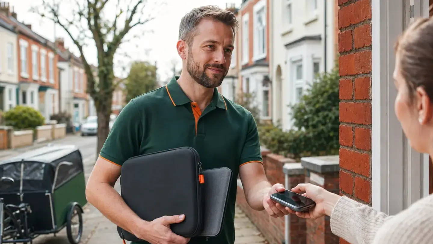 Local technician collecting a phone and laptop for repair in Fishponds, Bristol