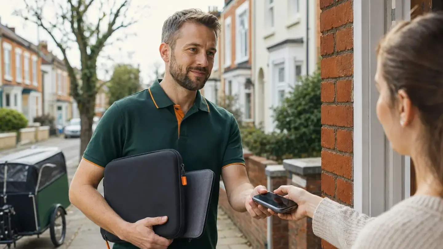 Local technician collecting a phone and laptop for repair in Henleaze, Bristol