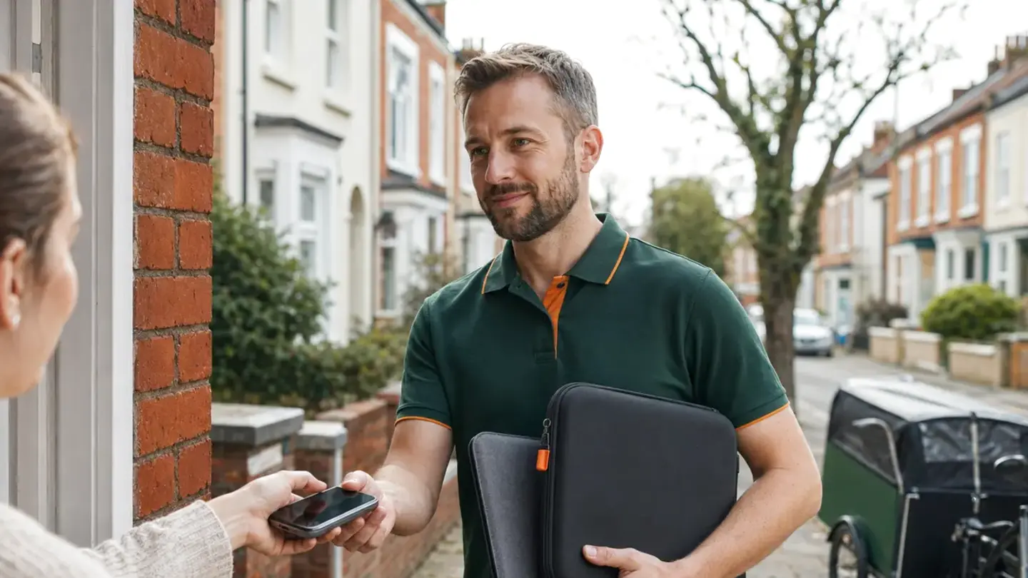 Local technician collecting a phone and laptop for repair in Kingswood, Bristol
