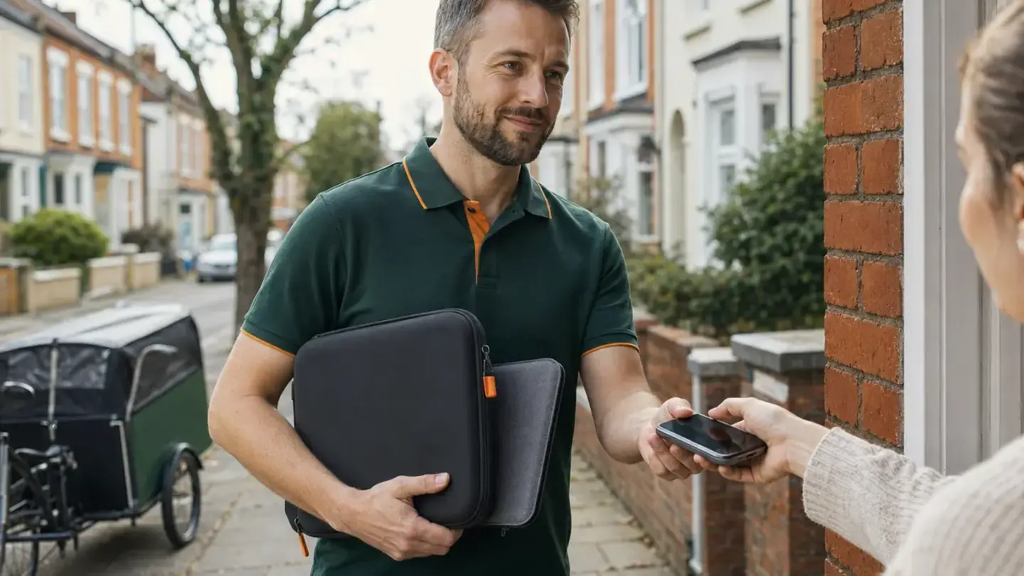 Local technician collecting a phone and laptop for repair in Knowle, Bristol