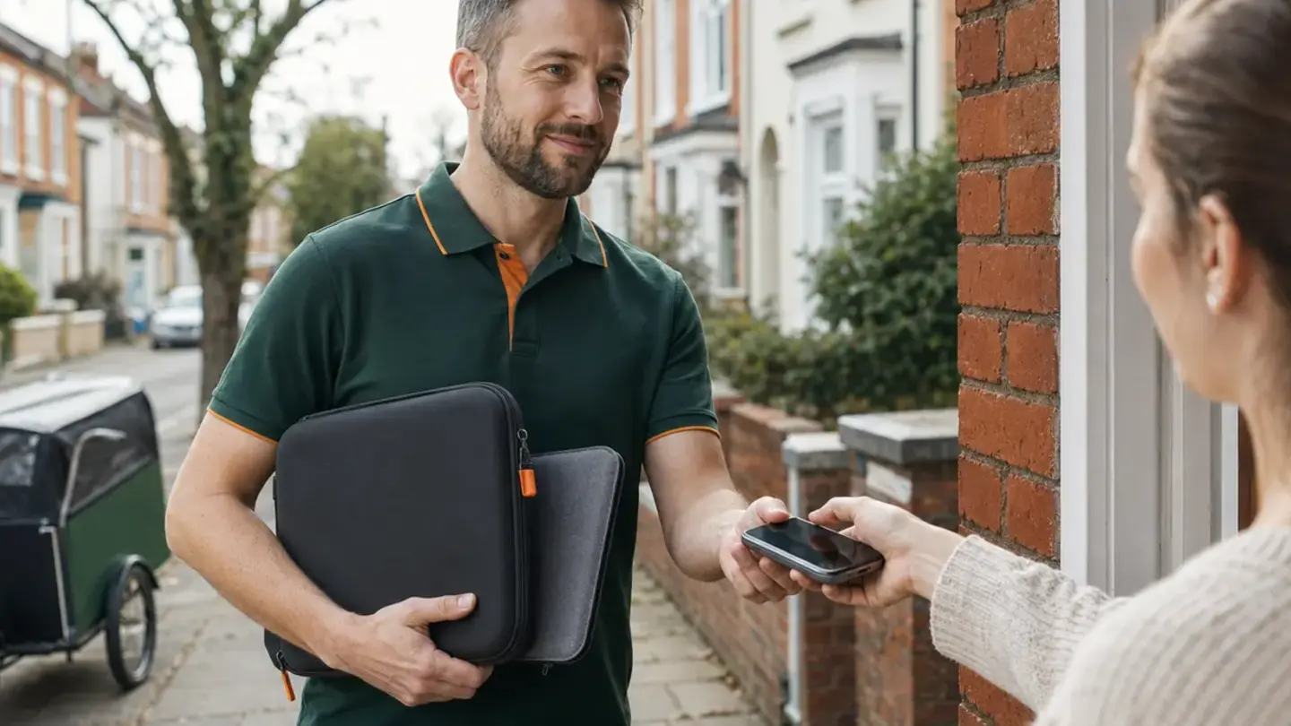 Local technician collecting a phone and laptop for repair in Southville, Bristol
