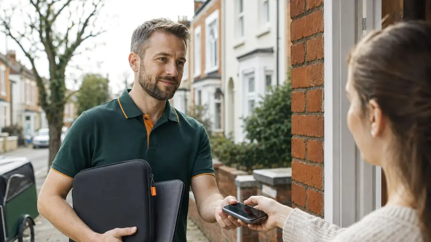 Local technician collecting a phone and laptop for repair in St George, Bristol