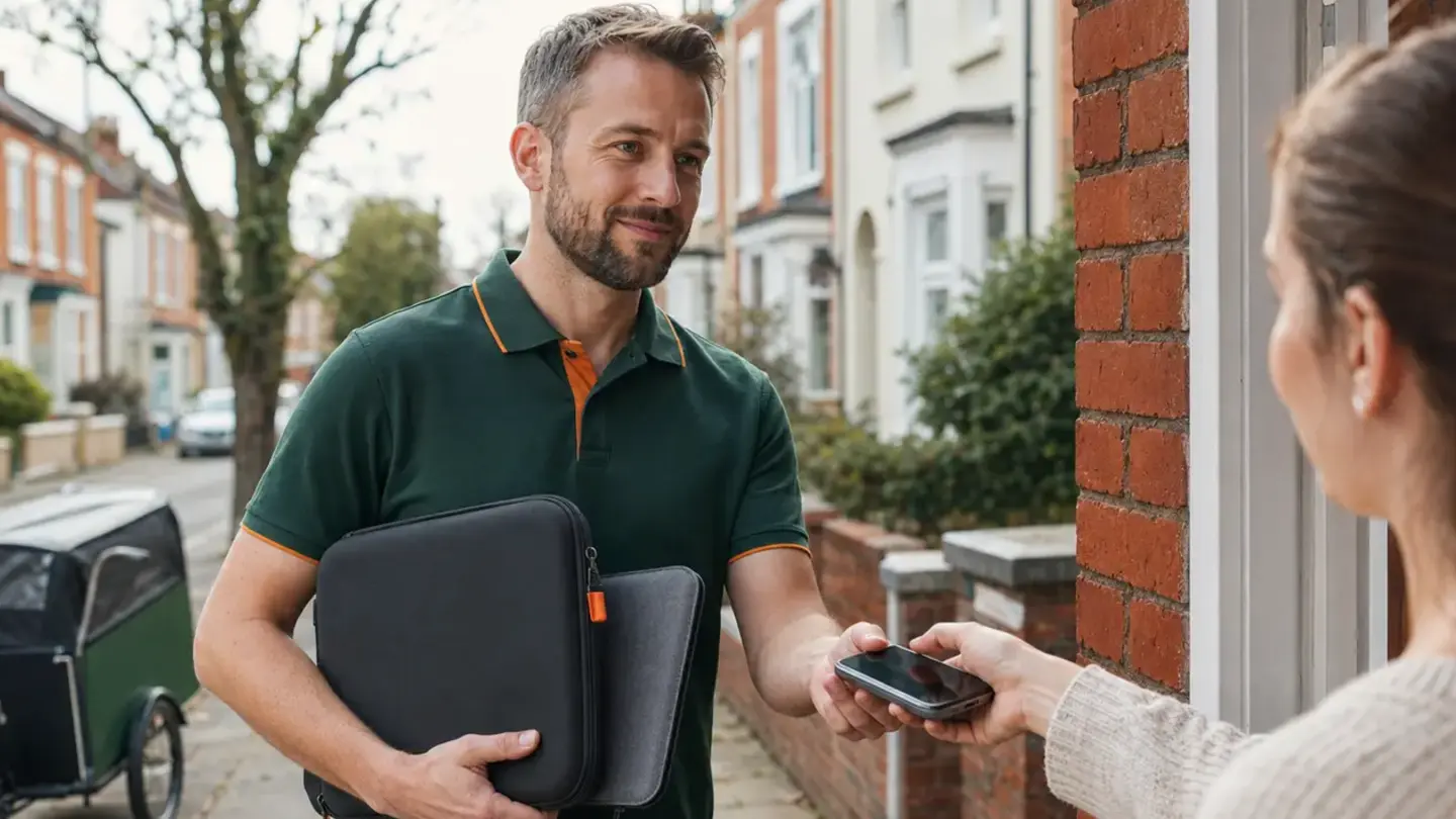 Local technician collecting a phone and laptop for repair in Totterdown, Bristol