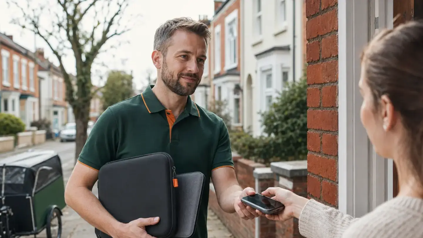 Local technician collecting a phone and laptop for repair in Westbury-on-Trym, Bristol