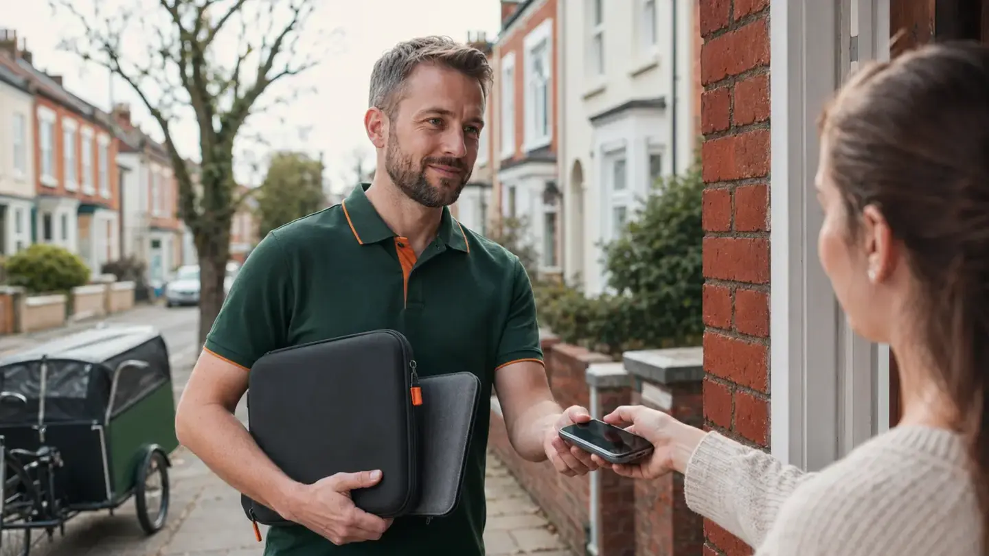 Bristol device collection and return service Local device repair technician collecting a smartphone and laptop from a Bristol customer