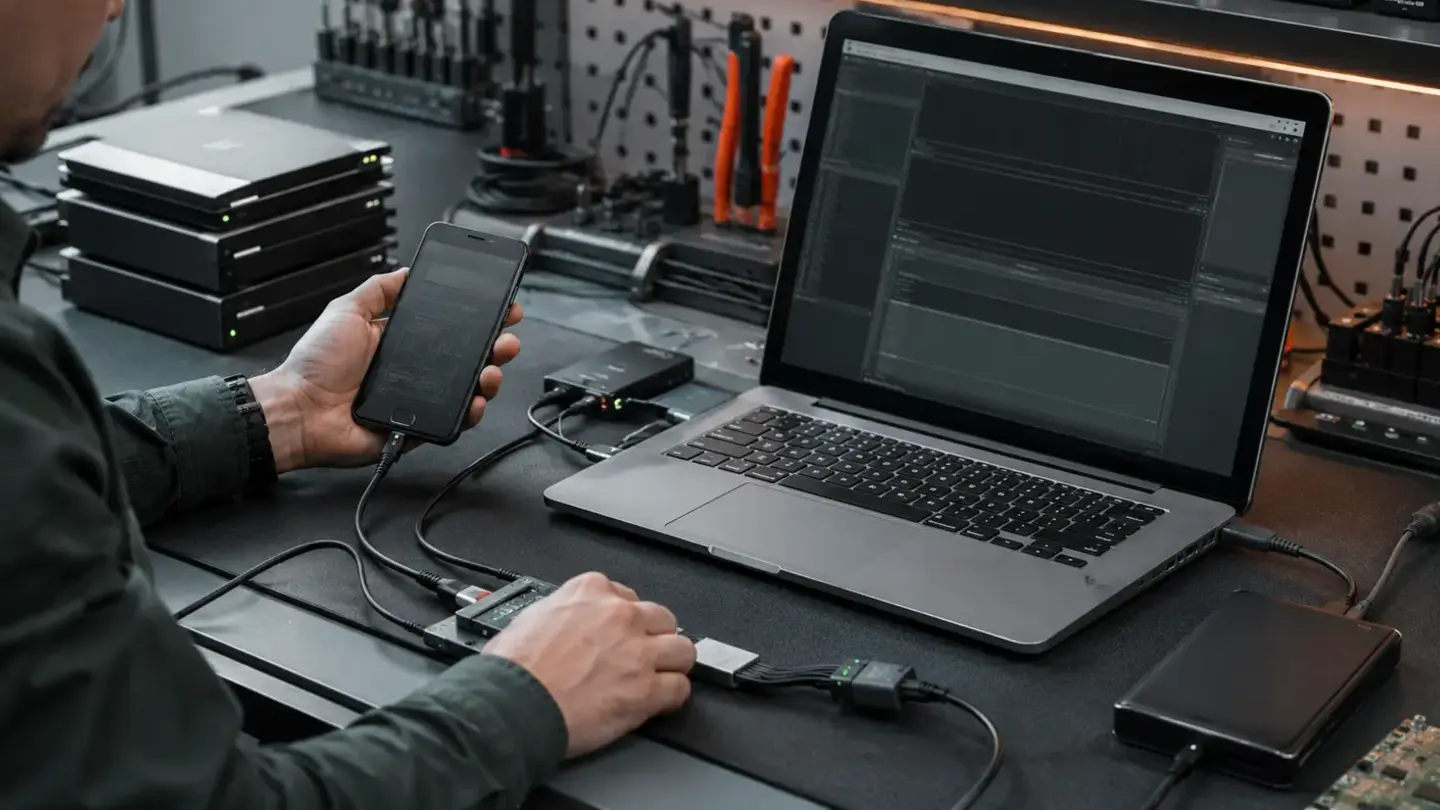 What to Back Up Before a Phone, MacBook or Laptop Repair illustrated by a professional Bristol device repair workshop scene