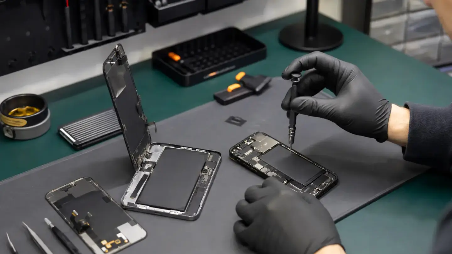 Phone Battery Warning Signs You Should Not Ignore illustrated by a professional Bristol device repair workshop scene