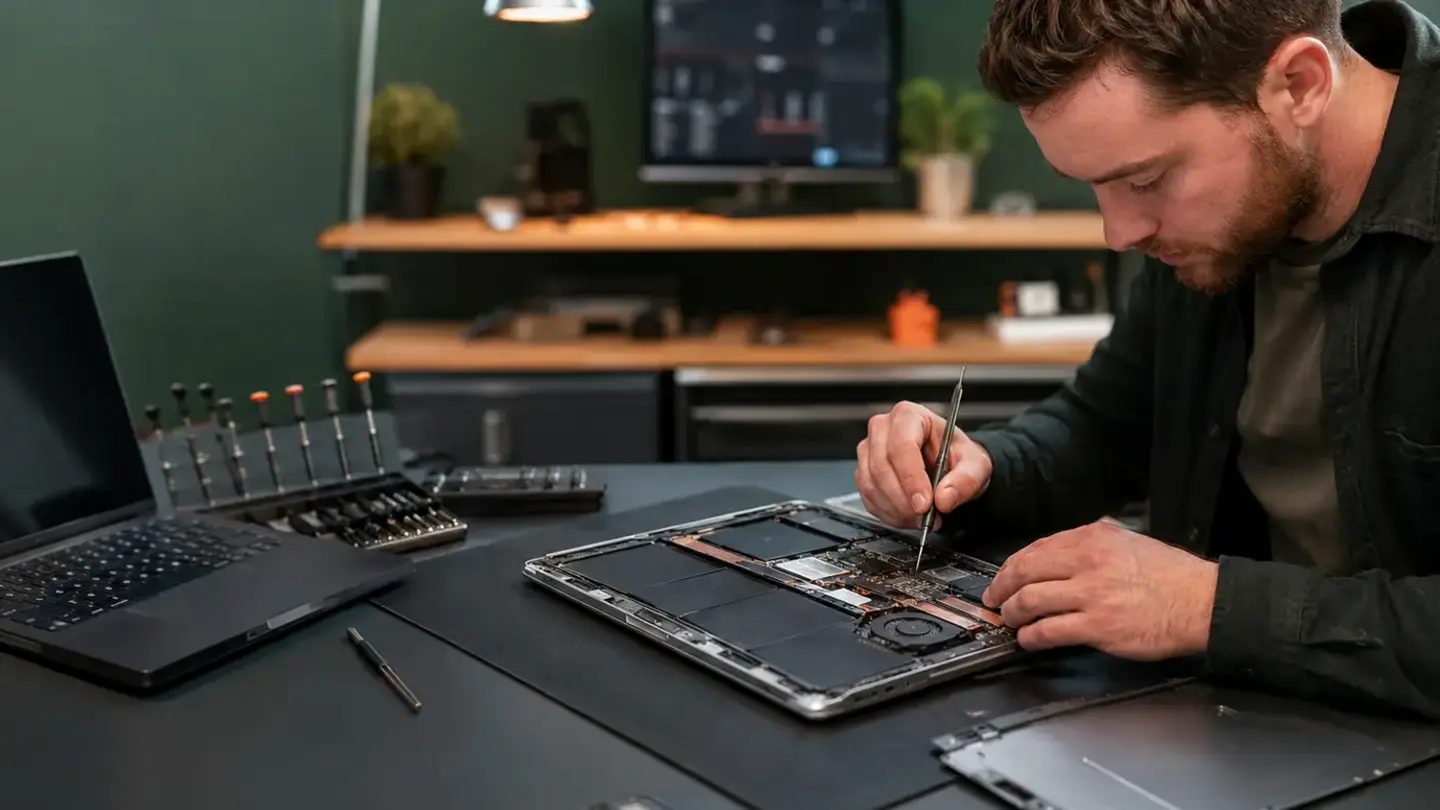 Laptop Not Charging: USB-C, DC Jack, Battery or Motherboard? illustrated by a professional Bristol device repair workshop scene