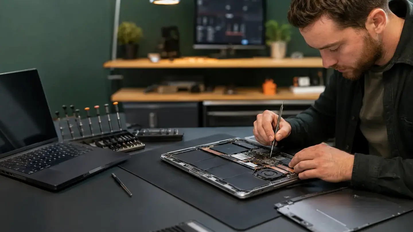 MacBook Liquid Damage: Trackpad Fault or Logic-Board Problem? MacBook Liquid Damage: Trackpad Fault or Logic-Board Problem? illustrated by a professional Bristol device repair workshop scene