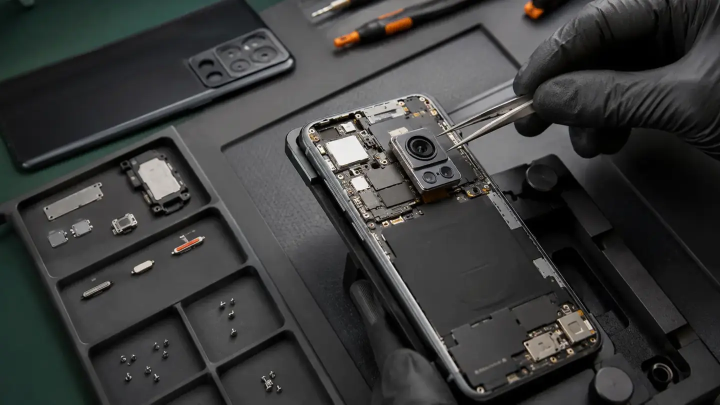 Phone speaker and microphone repair Bristol Smartphone speaker and microphone components organised for professional repair