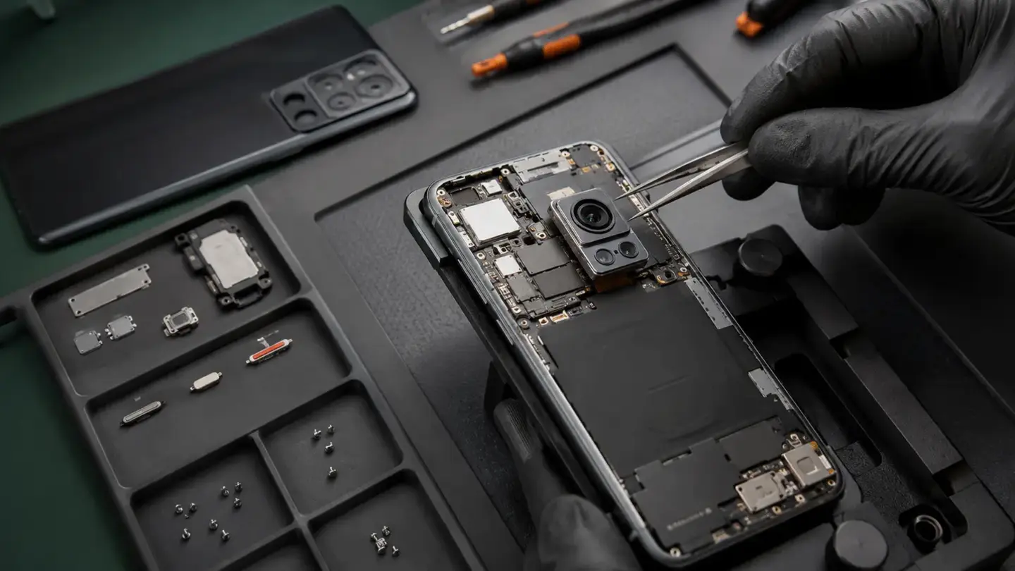Opened smartphone rear housing prepared for back glass and housing repair