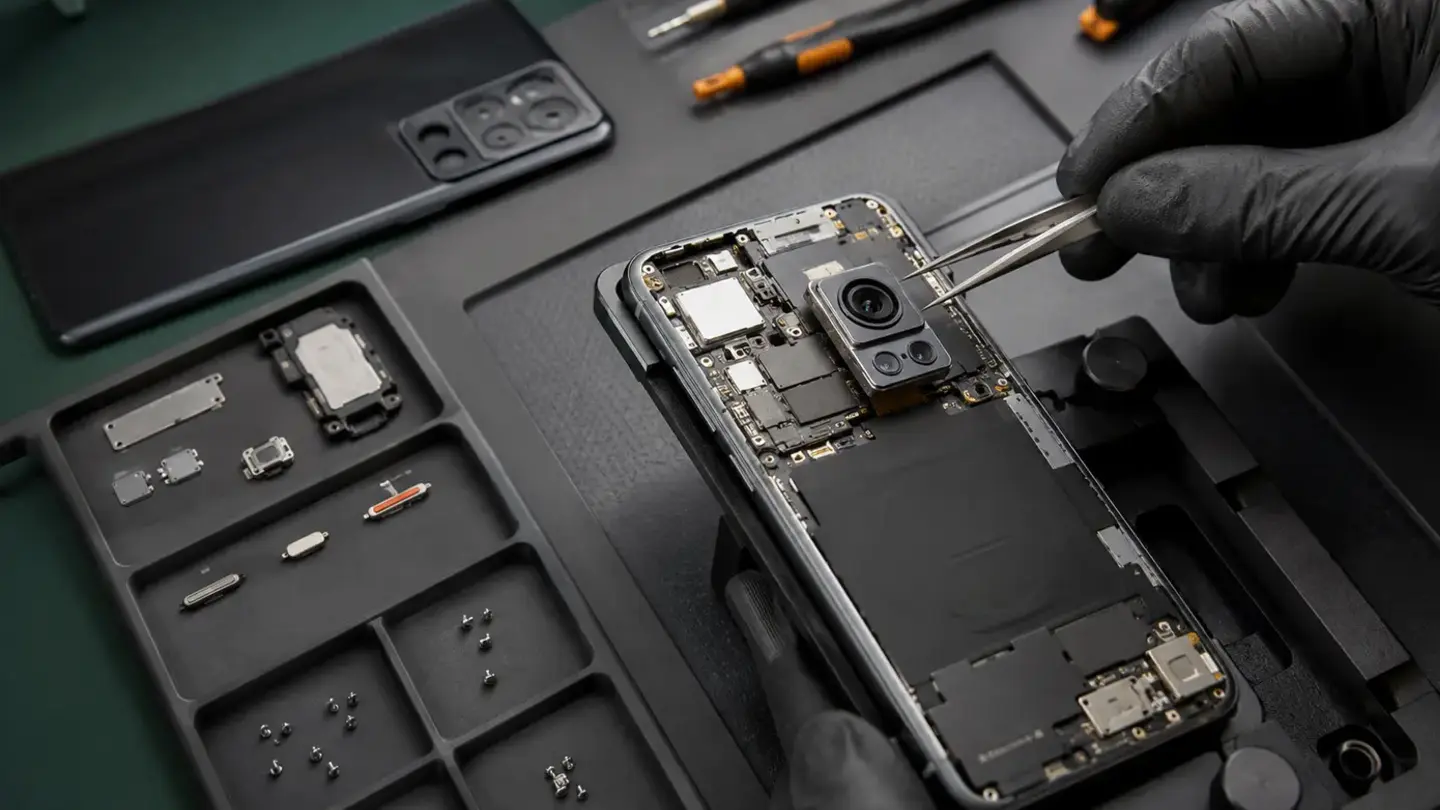 Face ID and fingerprint repair Bristol Technician working beside smartphone camera and sensor components