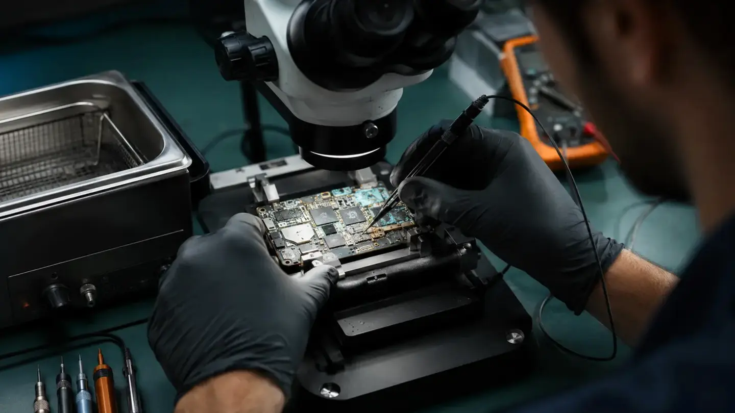 Smartphone logic board secured under a microscope for microsoldering repair