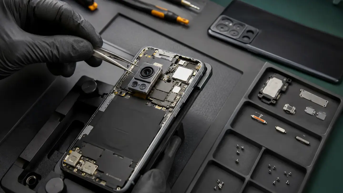 Phone button repair Bristol Smartphone side-button components arranged beside an opened handset