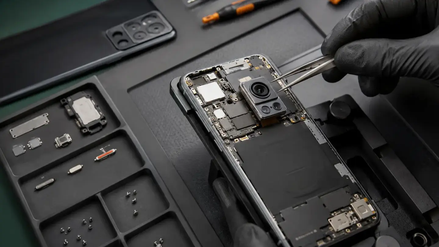 Phone camera repair Bristol Technician replacing a smartphone rear camera module with precision tweezers