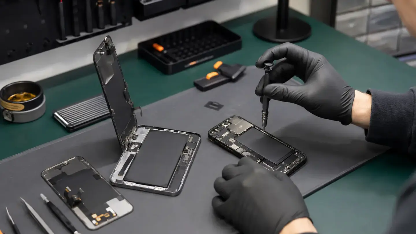 Charging port repair Bristol Technician inspecting a smartphone charging connection at a Bristol repair bench