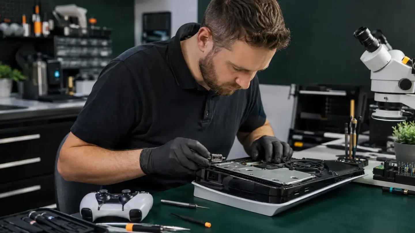 Console HDMI port repair Bristol Technician inspecting the HDMI connector of an opened games console