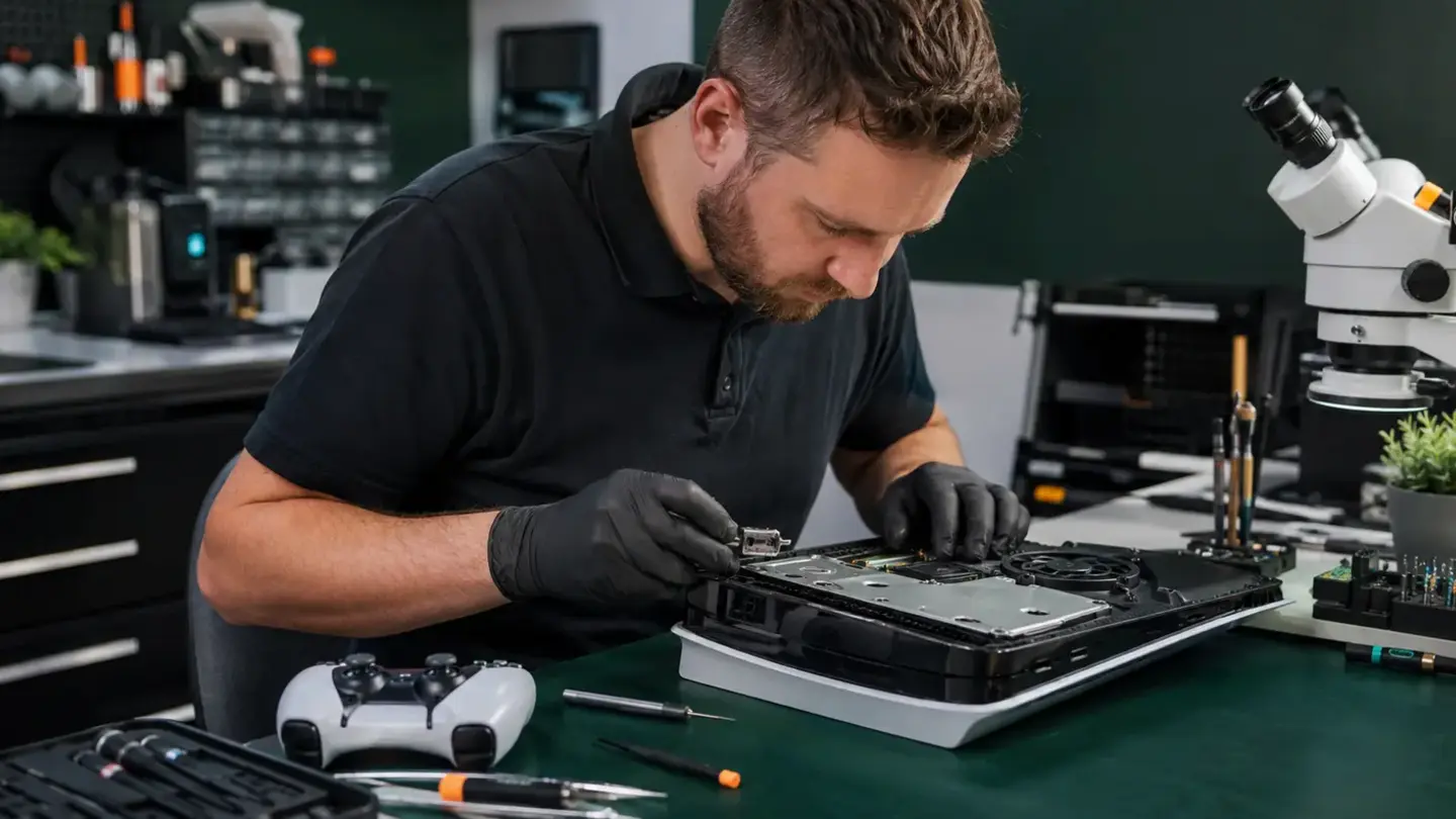 Opened games console cooling fan being inspected by a technician