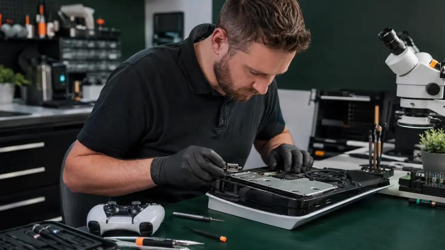 Games console repair Bristol Technician inspecting an opened games console and controller in Bristol