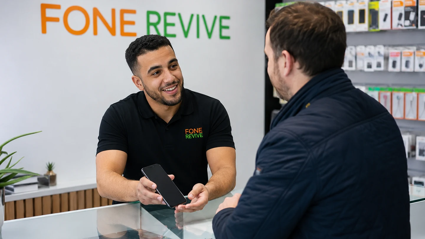 Contact Phone Repair Bristol Friendly phone repair technician helping a customer at the service counter