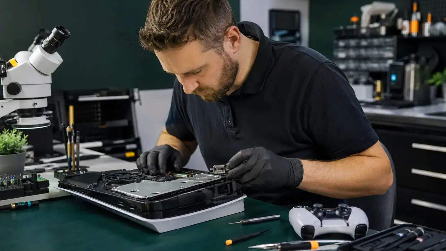 Games controller repair Bristol Games controller beside an opened console at a professional repair bench