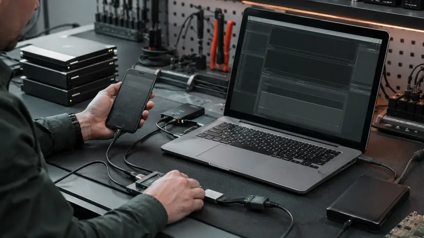 Phone and laptop data recovery Bristol Smartphone connected to professional diagnostic equipment for data recovery assessment