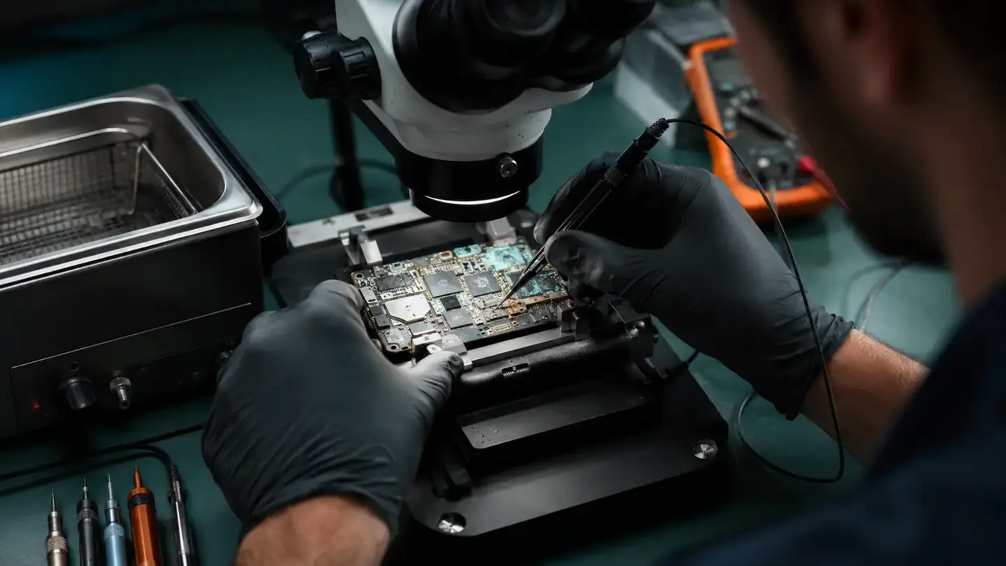 No power device diagnostics Bristol Technician probing a smartphone logic board during no-power diagnostics