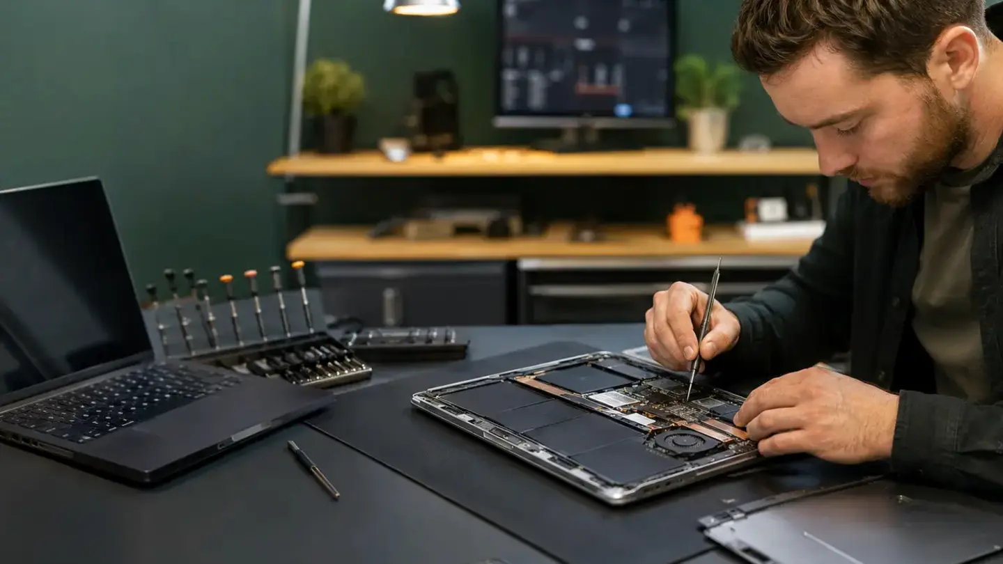 Open laptop being inspected for hinge and housing damage