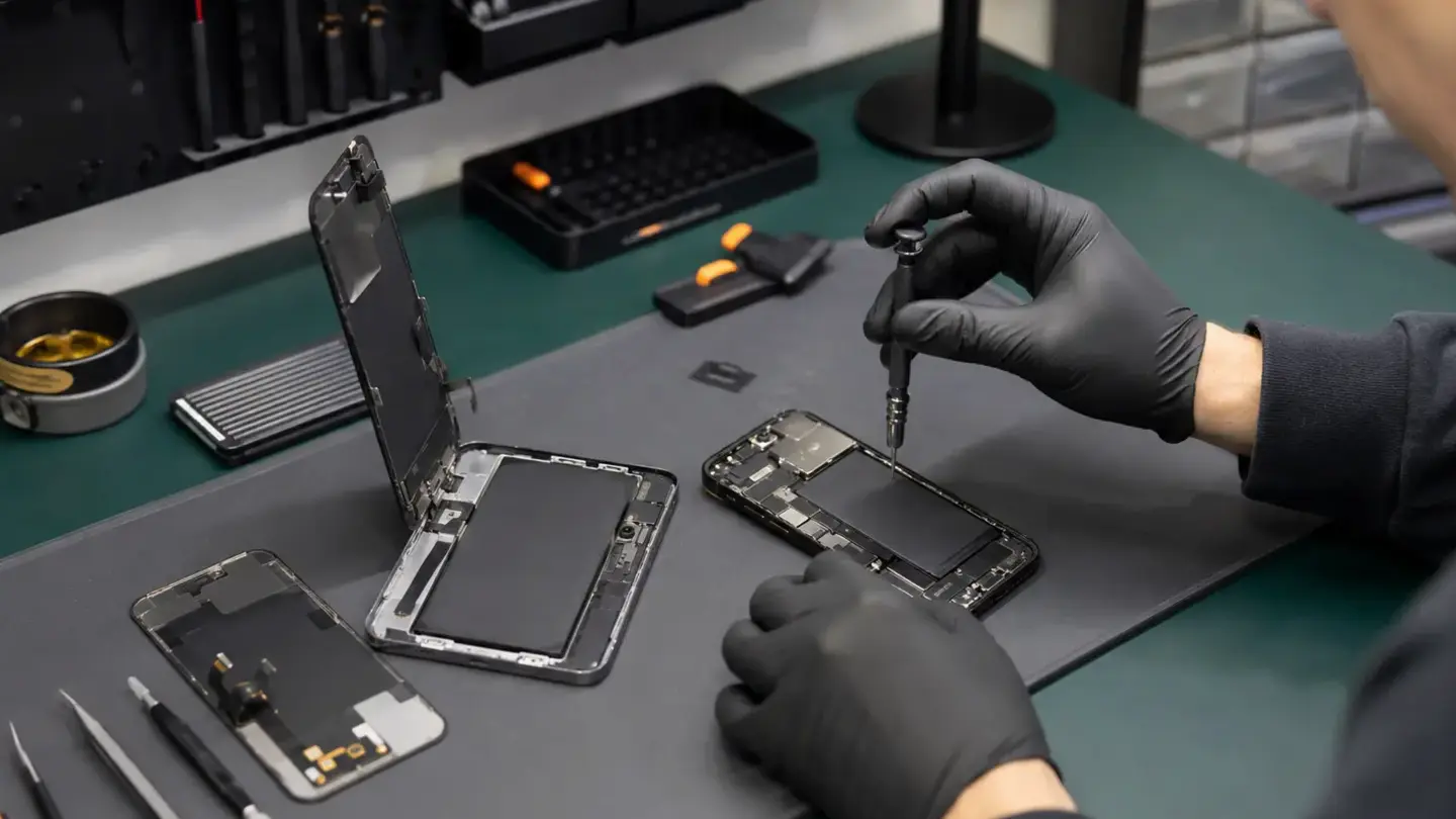 Technician replacing an iPhone display on a professional Bristol repair bench