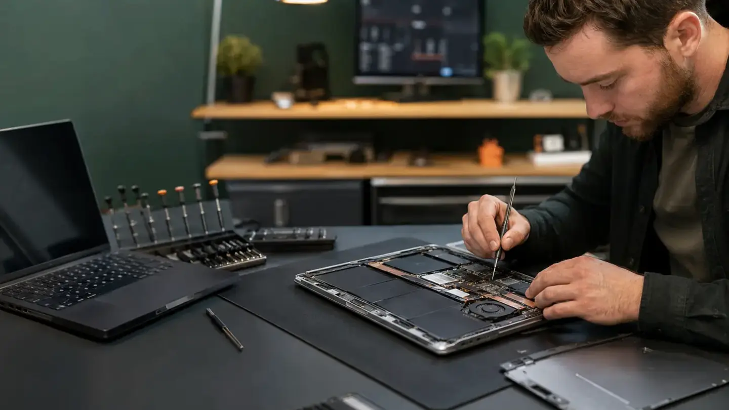 Laptop keyboard and trackpad repair Bristol Technician working on an open laptop beside its keyboard and trackpad