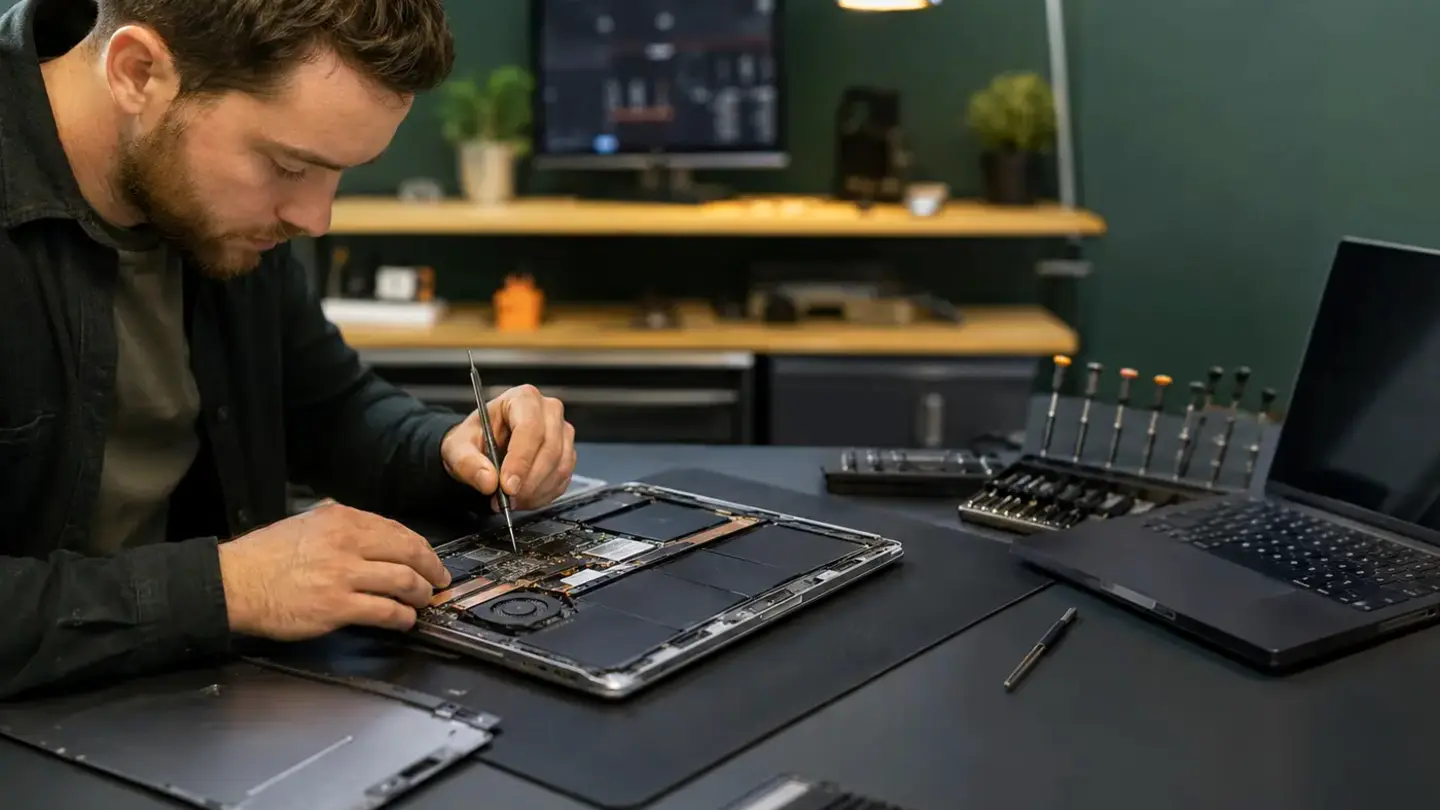 Laptop battery replacement Bristol Technician inspecting the internal battery of an open laptop