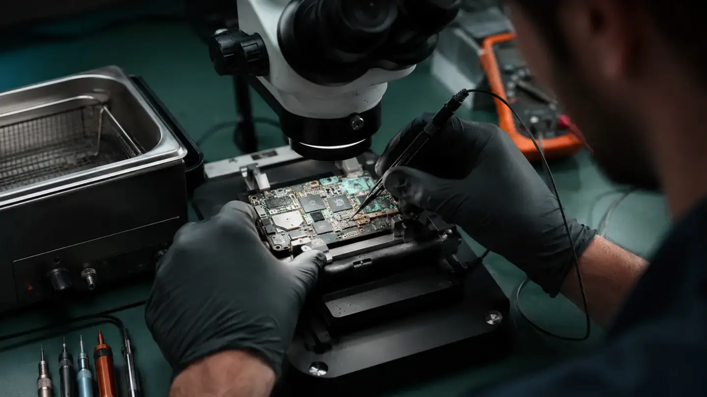 MacBook liquid damage repair Bristol Technician examining MacBook logic-board corrosion after liquid exposure in Bristol