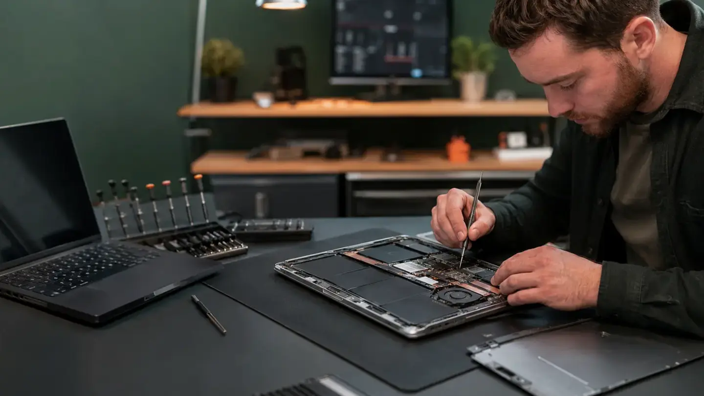 MacBook repair Bristol Technician inspecting the internal components of a MacBook at a Bristol repair workshop