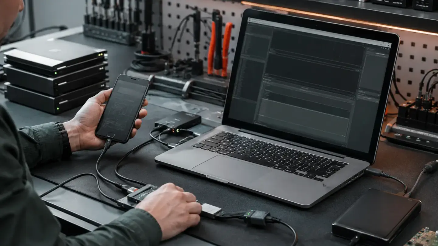 Phone Repair Bristol privacy policy Technician handling phone and laptop data using professional diagnostic equipment