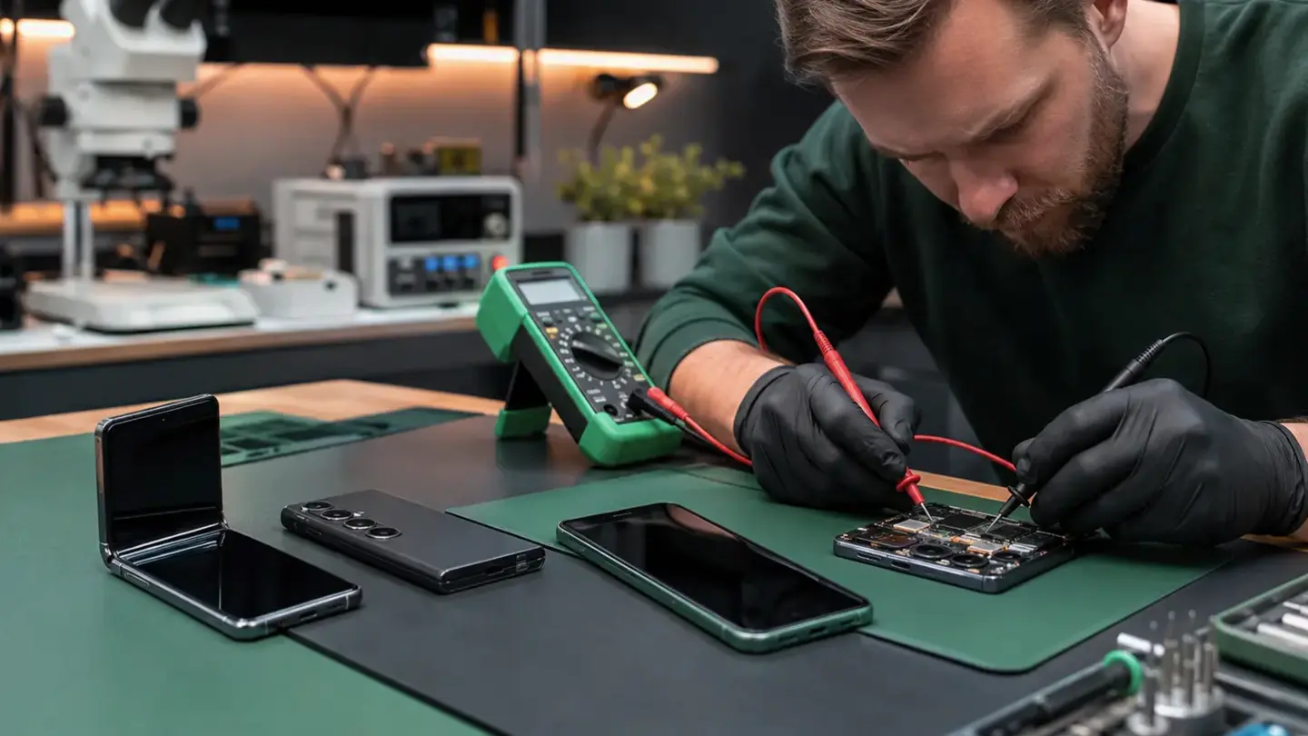 Mobile phone repair services in Bristol Technician diagnosing modern smartphones at a Bristol phone repair workbench