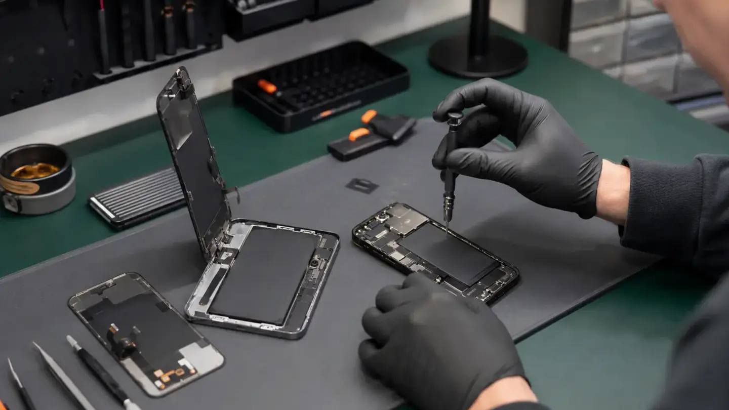 Smartphone screen and battery replacement on a clean professional repair bench