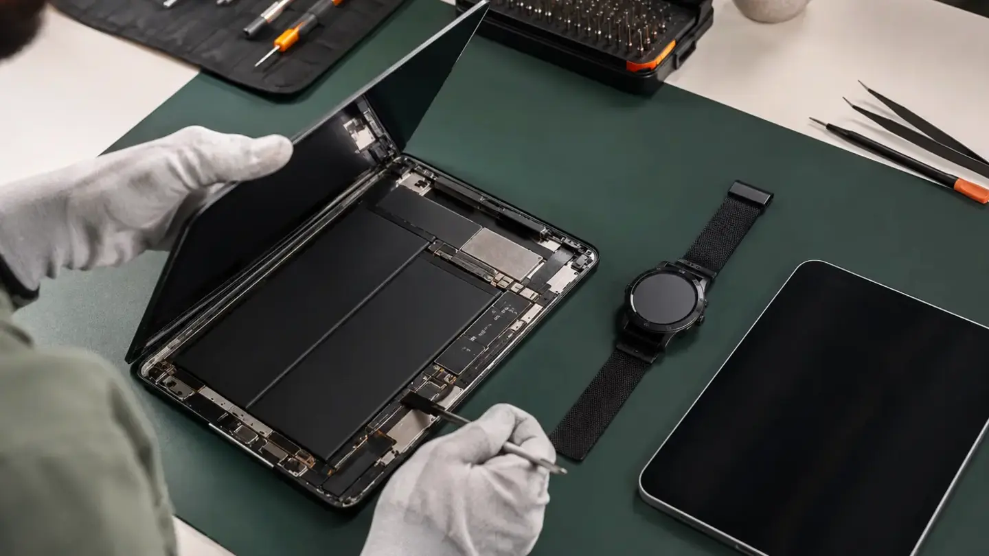 Modern smartwatch beside tablets at a professional device repair bench