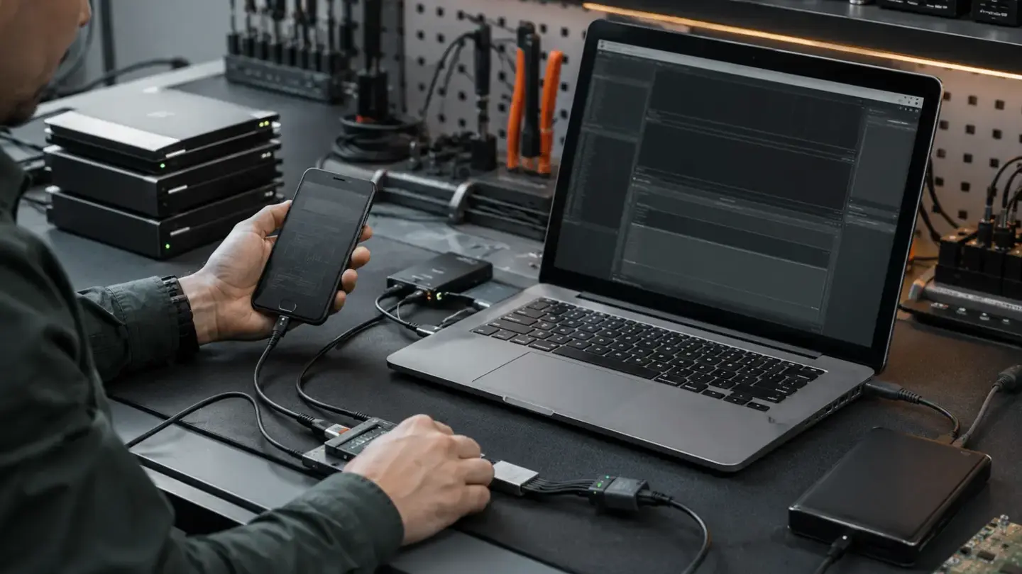 Computer software repair and virus removal Bristol Technician diagnosing phone and laptop software using professional equipment