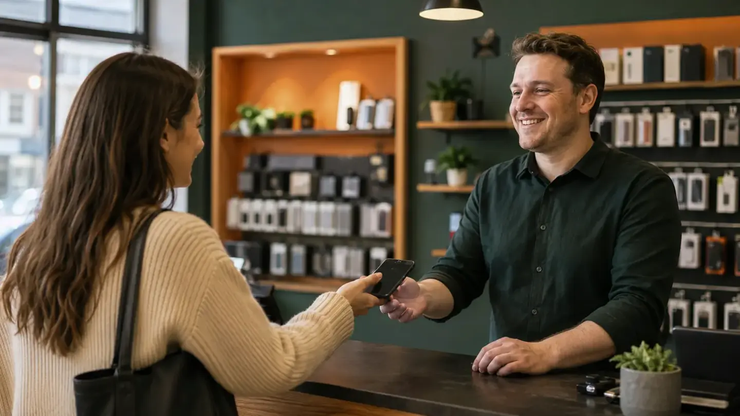 Customer handing a smartphone to a local Bristol repair technician