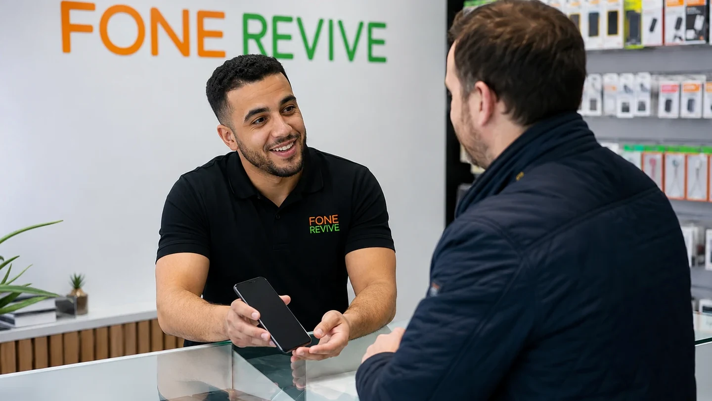 Customer and technician reviewing a device checklist before a local Bristol sale