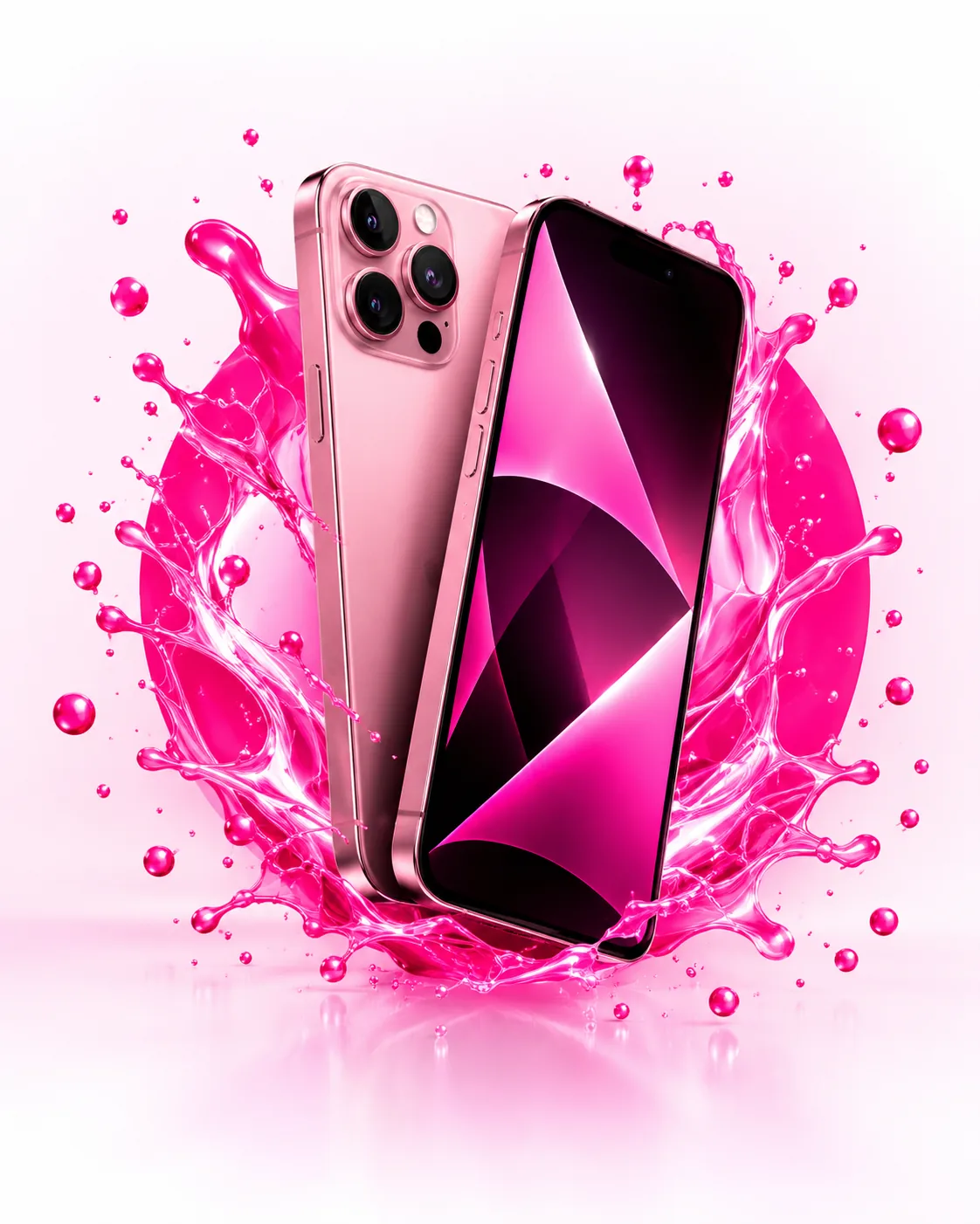 Glossy pink smartphone pair surrounded by a vivid pink splash, Phone Repair Bristol promotional artwork